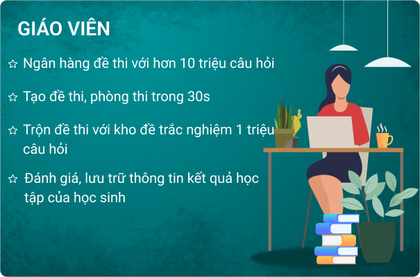 - Ngân hàng đề thi với hơn 10 triệu câu hỏi 
 - Tạo đề thi, phòng thi trong 30s 
 - Trộn đề thi với kho đề trắc nghiệm 1 triệu câu hỏi 
- Đánh giá, lưu trữ thông tin kết quả học tập của học sinh